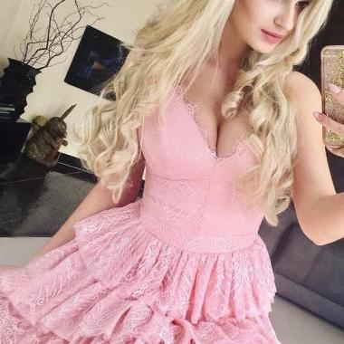 Glamorous Hot Pink Spaghetti Strap Tiered Ruffled Mini Homecoming Dress main image 1