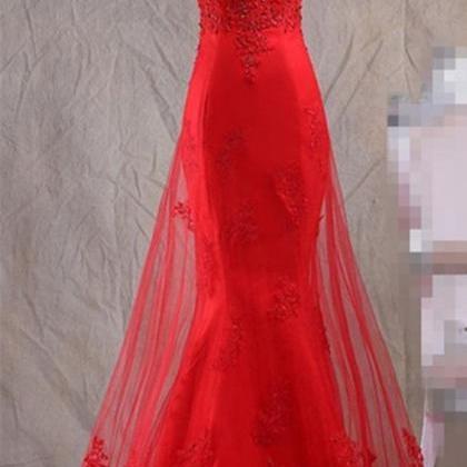 Red Strapless Lace Mermaid Long Prom Dress,..
