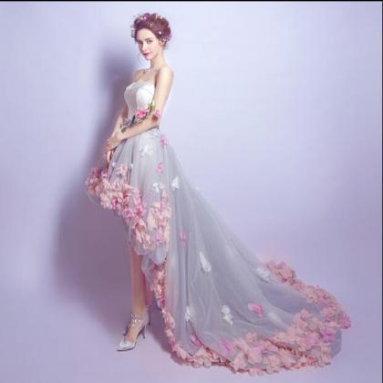 Purple Off The Shoulder Strapless Floral Prom..
