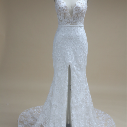 White V Neck Backless Lace Wedding Dress, Front..