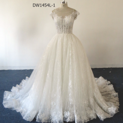 Elegant Sheer Neckline Lace Wedding Dress, Lace Up..