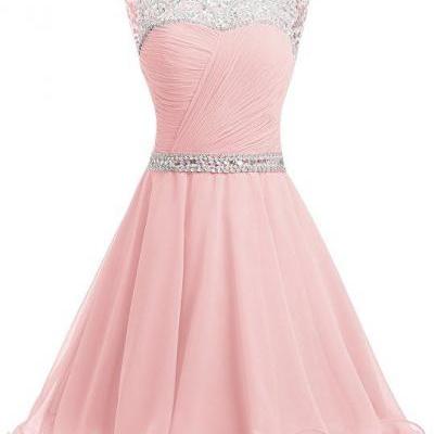 Short Chiffon Open Back Prom Dress With Beading Homecoming Dress Pink