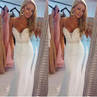 Vestidos de Formatura, Sexy Spaghetti Straps Sequin Long White Prom Dress 2016, Abendkleider Mermaid Evening Dress, Party Gown