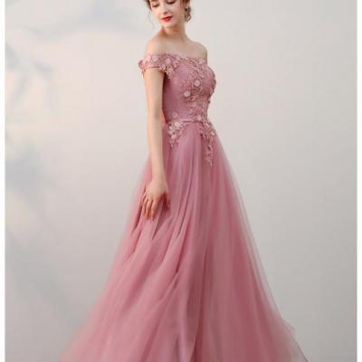 Chic A-line Off-the-shoulder Pink Applique Tulle Modest Long Prom Dress Evening Dress