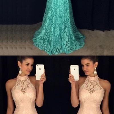 Mermaid Style High Neck Open Back Sweep Train Turquoise Lace Prom Dress