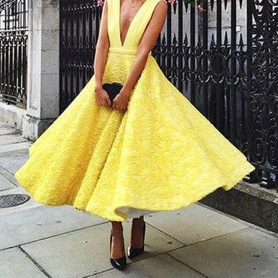 2017 Custom Made Yellow Lace Prom Dress, Deep V-Neck Evening Dress,Sleeveless Party Gown,Ankle Length Prom Dress,High Quality