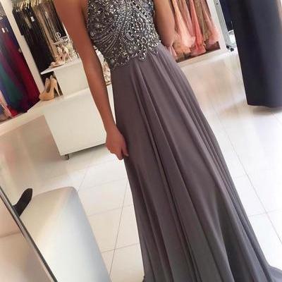 silver gray prom dress,halter prom dress,long prom gowns,beaded evening dress,open back dresses,chiffon evening gowns
