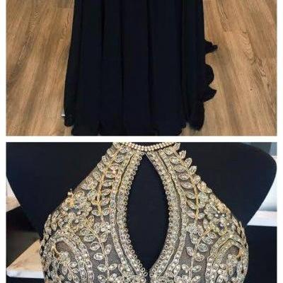 Halter Gold Lace Appliqued Black Prom Dress,Chiffon Long Prom Dress,Senior Prom 2k17 Dress,P927