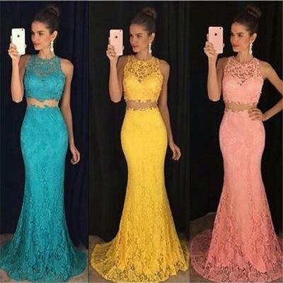 2018 Custom Charming Yellow Lace Two Pieces Long Prom Dress,Sexy Sleeveless Evening Dress,Sexy See Through Prom Dress,,P1040