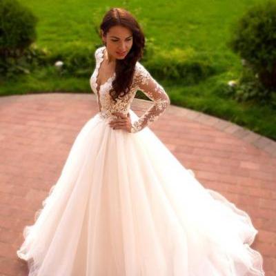 Romantic wedding dress,A-Line Wedding Dress,V-Neck wedding dress,Long-Sleeves Wedding dress,W1062