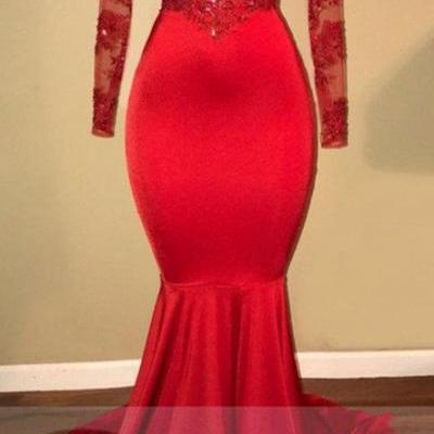 Red Long Sleeve Lace Mermaid Evening Prom Dress ,P1120