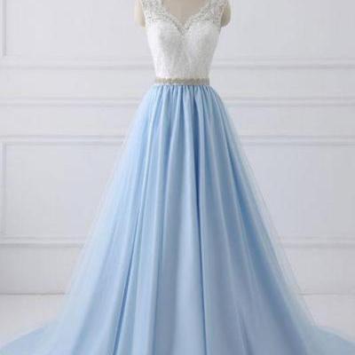 Sky blue long V neck halter evening dress with beaded belt, white lace sweet 16 prom dress,P1340