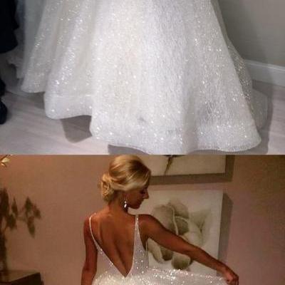 Ball Gown V-Neck Sleeveless Backless Sweep Train Wedding Dress with Sequins,W1358