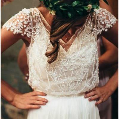 Brilliant White Beading Cap Sleeves Chiffon Floor Length Wedding Bridal Dress,W1746