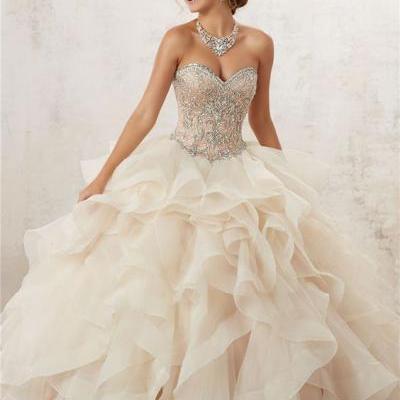 Charming Beaded Champagne Prom Dress,Organza Layered Evening Gown,Sweetheart Quinceanera Dress,Princess Quinceanera Gown,p1748
