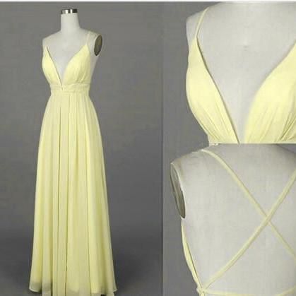Beautiful Light Yellow Cross Back Long Chiffon Prom Dresses Y Beautiful Light Yellow Cross Back L