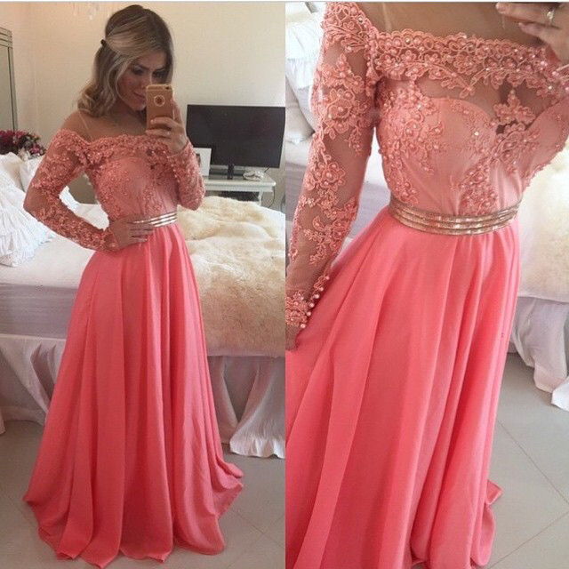 Elegant A-line Long Sleeves ,coral Long Chiffon Prom Dress,prom Dresses