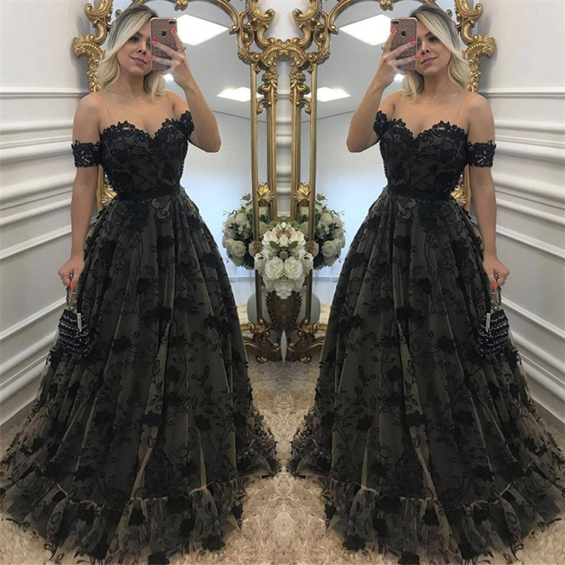 Black Off-the-shoulder A-line Evening Dresses 2018 Tulle Appliques Prom ...