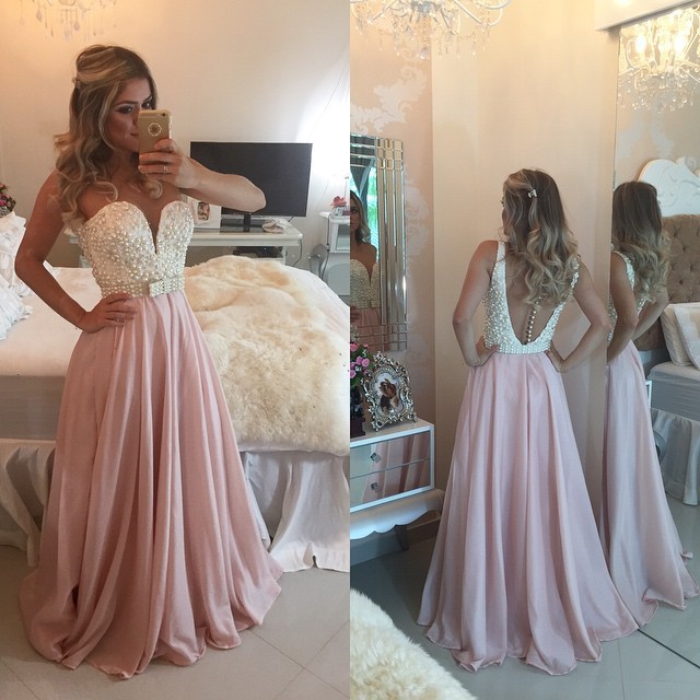 pink dress with pearls