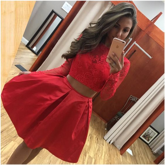 Red Homecoming Dresses, Lace Prom Dresses,satin Cocktail Dress, Simple Party Dress, 2 Pieces Summer Dresses