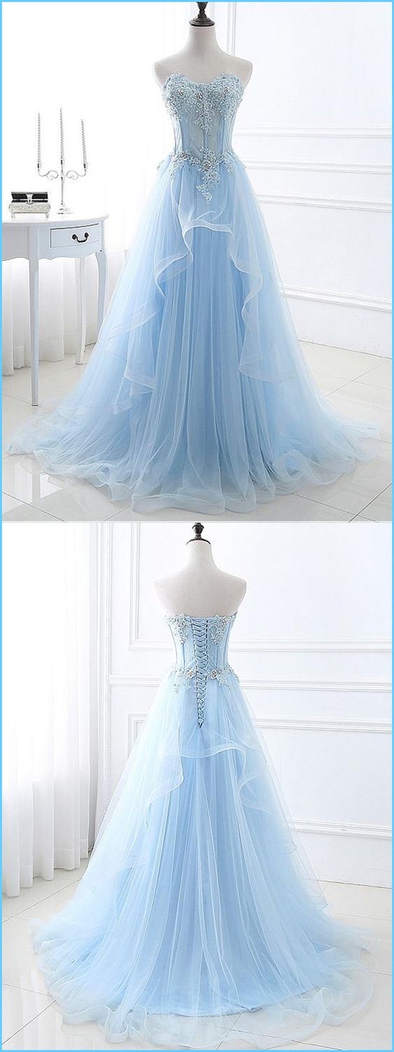 Tulle Sweetheart Neckline A-line Prom Dresses With Lace Appliques & Beadings