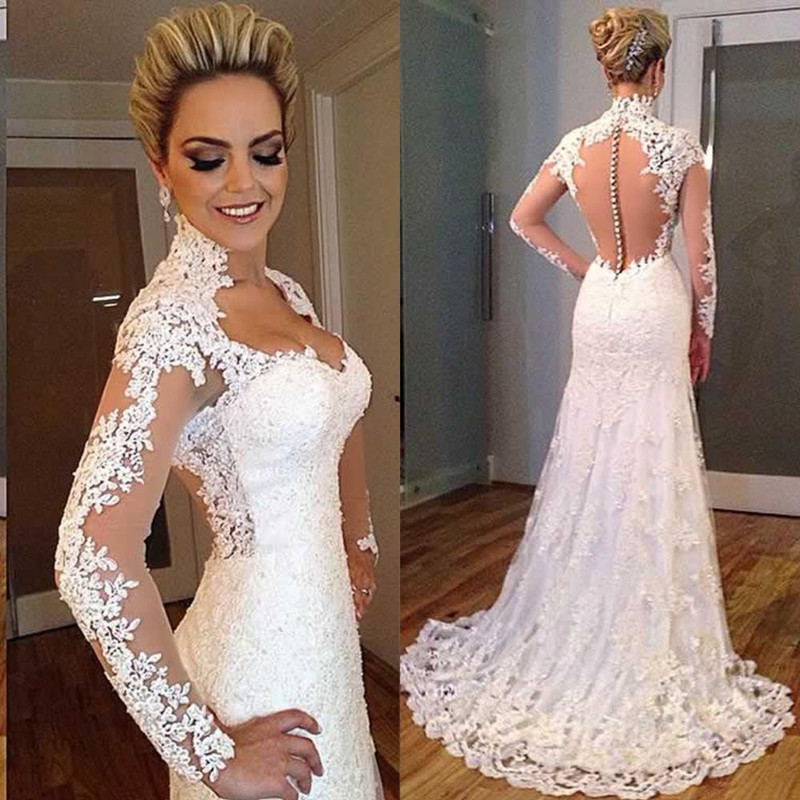 Y See Through Lace Wedding Dresses Sweetheart Court Train Ivory Y See Through Lace Wedding Dresses Sweetheart Court Train Ivory Long Sleeve Robe De Mariage Boho Bridal Gowns