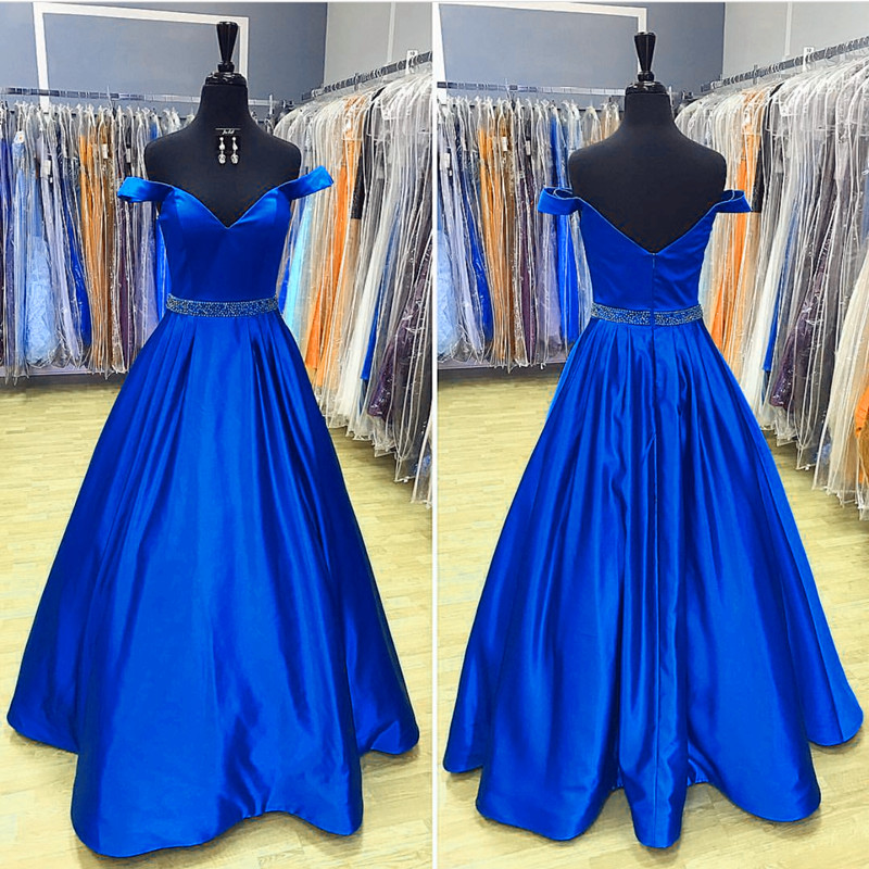  Royal  Blue  Prom  Dresses  Long  Satin  Evening  Gowns  V Neck 