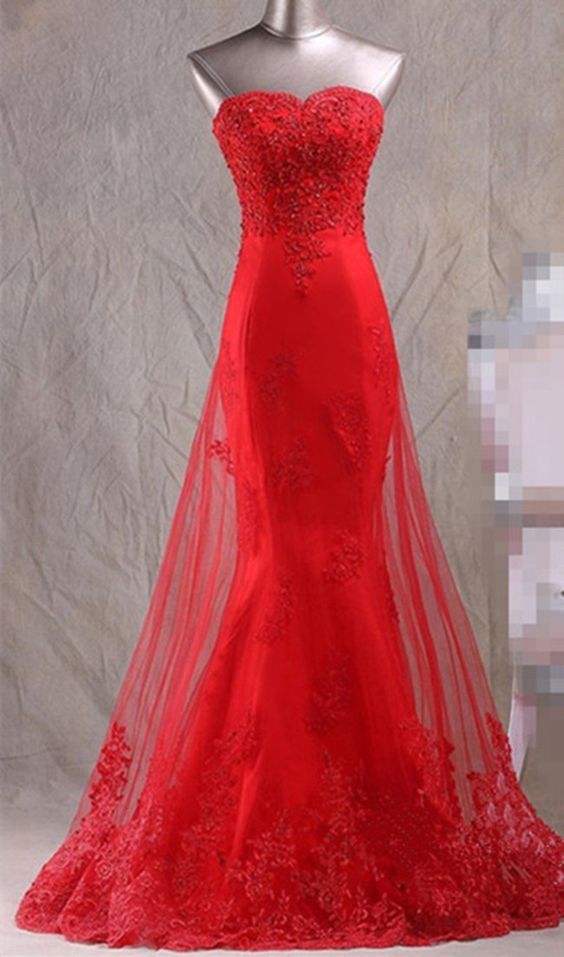 Red Strapless Lace Mermaid Long Prom Dress, Evening Dress
