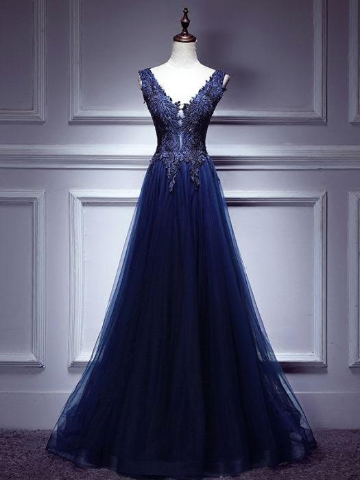 Chic Dark Blue Prom Dress Aline V Neck Applique Prom Dress Evening