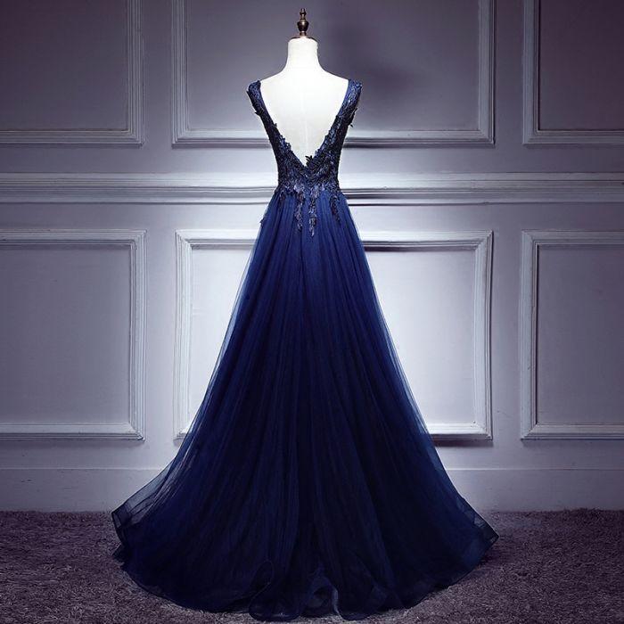 Chic Dark Blue Prom Dress Aline V Neck Applique Prom Dress Evening