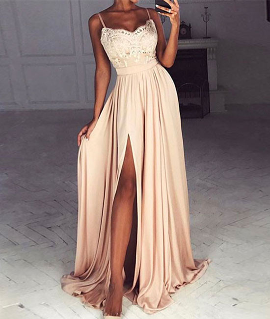 Simple A-line Spaghetti Straps Split-front Champagne Long Prom Dress