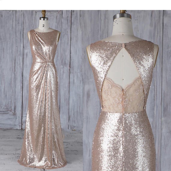 Bridesmaid Dress Tan Sequin,asymmetric Ruched Wedding Dress,lace Illusion Open Back Prom Dress,maxi Bodycon Evening Dress Full Length