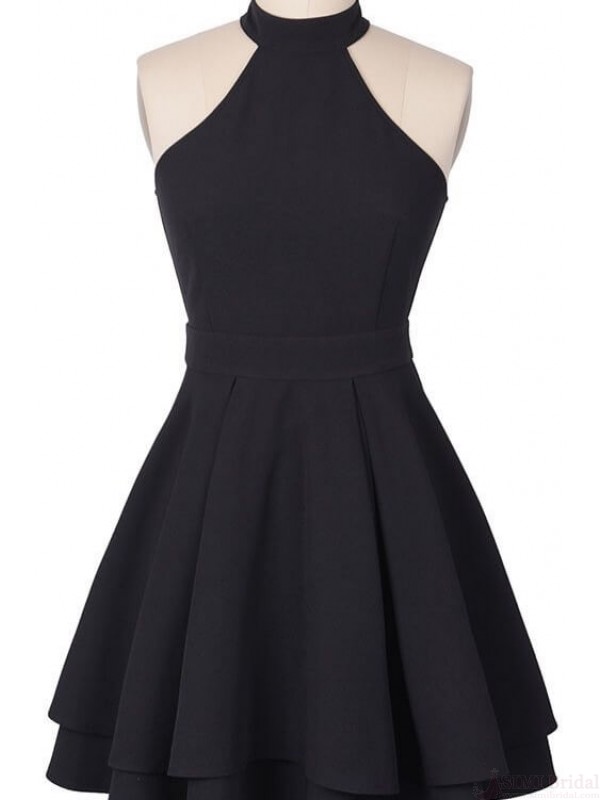 Black High Halter Neck Short Ruffled Homecoming Dress Featuring Cut-out Back