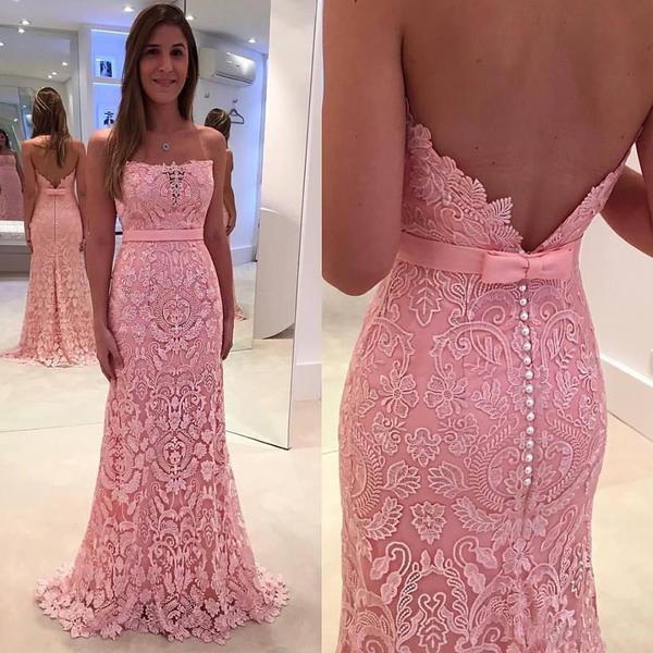 Chic Sheath Pink Prom Dress - Strapless Sweep Train Lace With Sash,h1011