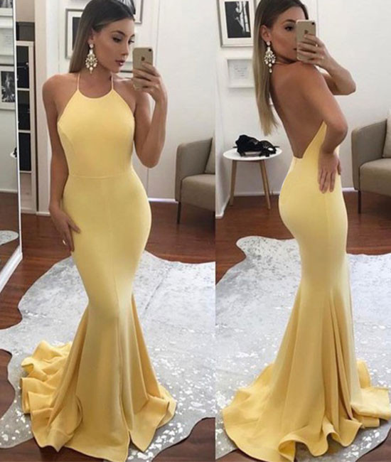 Yellow Sexy Mermaid Long Prom Dress,halter Sleeveless Backless Formal Dress,p1046