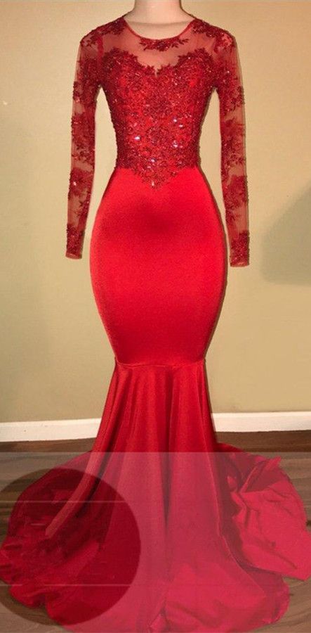 Luxury Red Mermaid Red Evening Gowns With Long Sleeves, Deep V Neckline,  Beaded Pearls, Appliques, Sequins, And Feather Train Floor Length Prom Gown,  Plus Size Ggown For Parties. From Dressvip, $377.25 |
