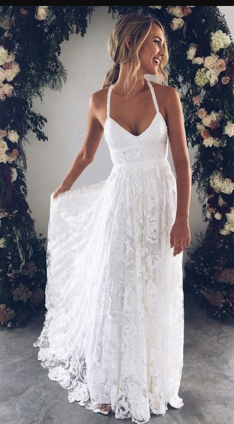 Halter Empire White Lace Promevening Dressbeach Lace Wedding Dress Informalwhite Lace Maxi Dressw2198