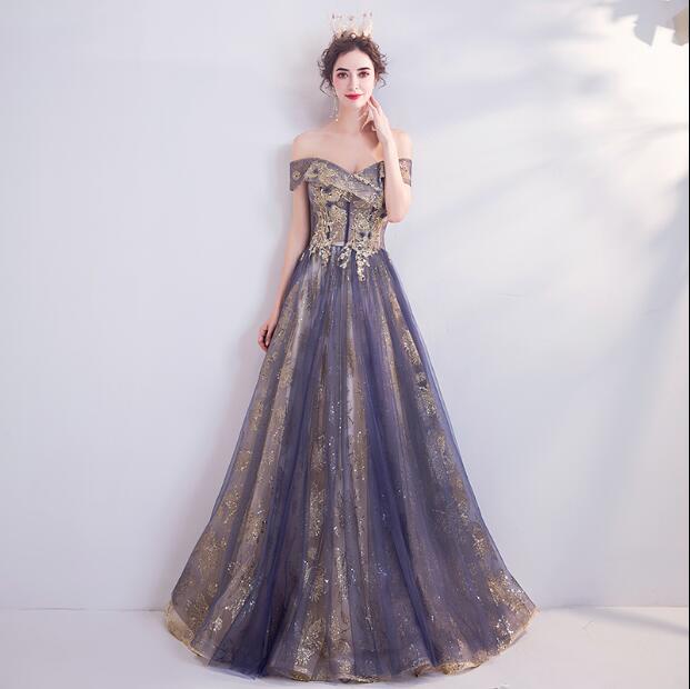 Off The Shoulder A Line Gold Appliques Prom Dress