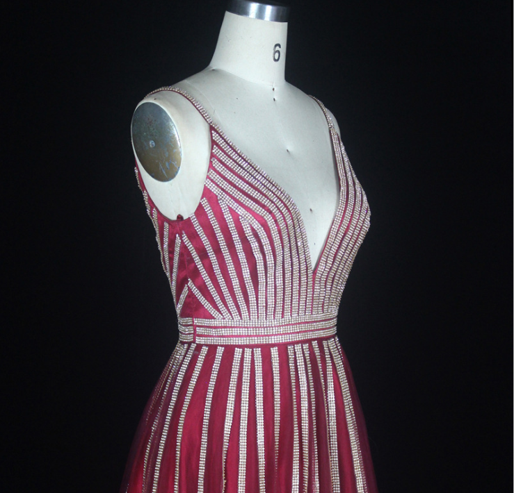 A Line Spaghetti Straps V Neck Burgundy Backless Satin Prom Dresses LBQ3697 main image 1