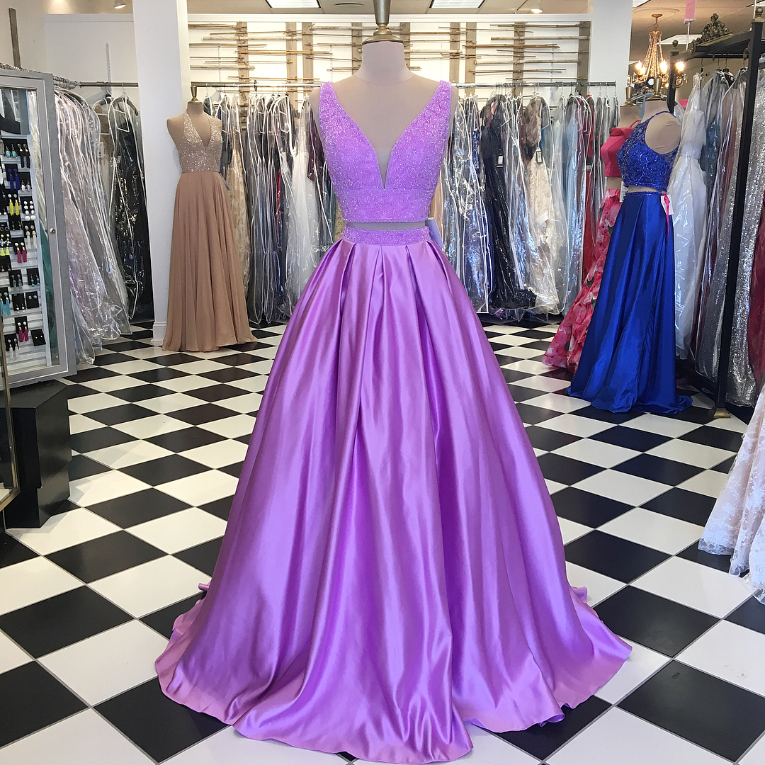 Gorgeous V-Neck Two Piece Lilac Long Prom Dress,Satin Prom Dress ,Party ...