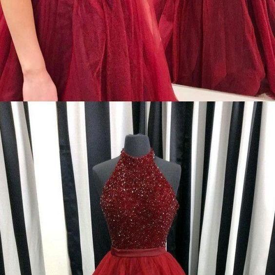 Luxurious A-Line High Neck Sleeveless Red Long Prom Dress With Beading ...