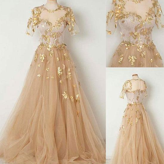 Elegant A-Line Round Neck Half Sleeves Champagne Tulle Long Prom Dress ...