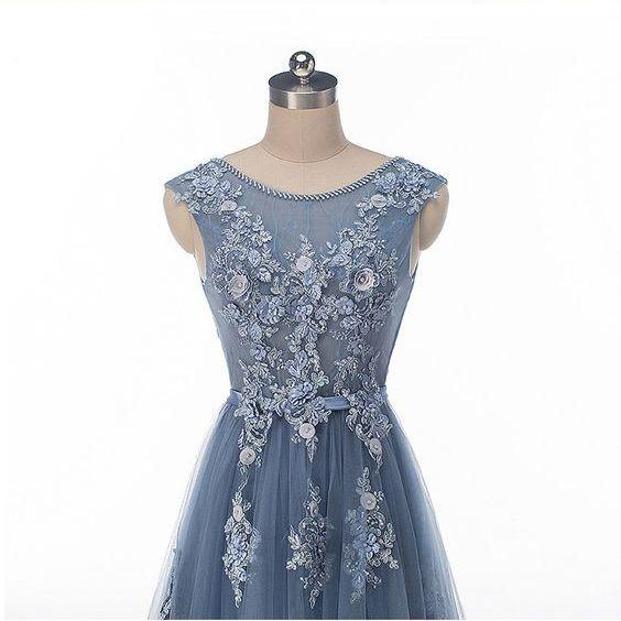 Lace Beaded Dusty Blue Scoop Neckline Evening Prom Dresses, Long Sexy ...