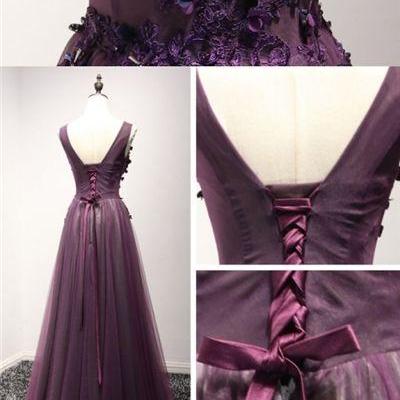 V-neck A-line Lace Appliqued Floor-length Dress Chocolate