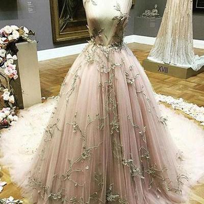 Blush Pink Tulle Long Gold Lace Appliques Evening Dress, Long Winter ...