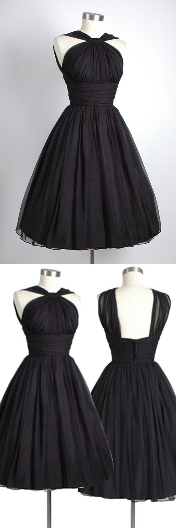 Vintage Knee-length Sleeveless Open Back Black Homecoming Dress Ruched ...