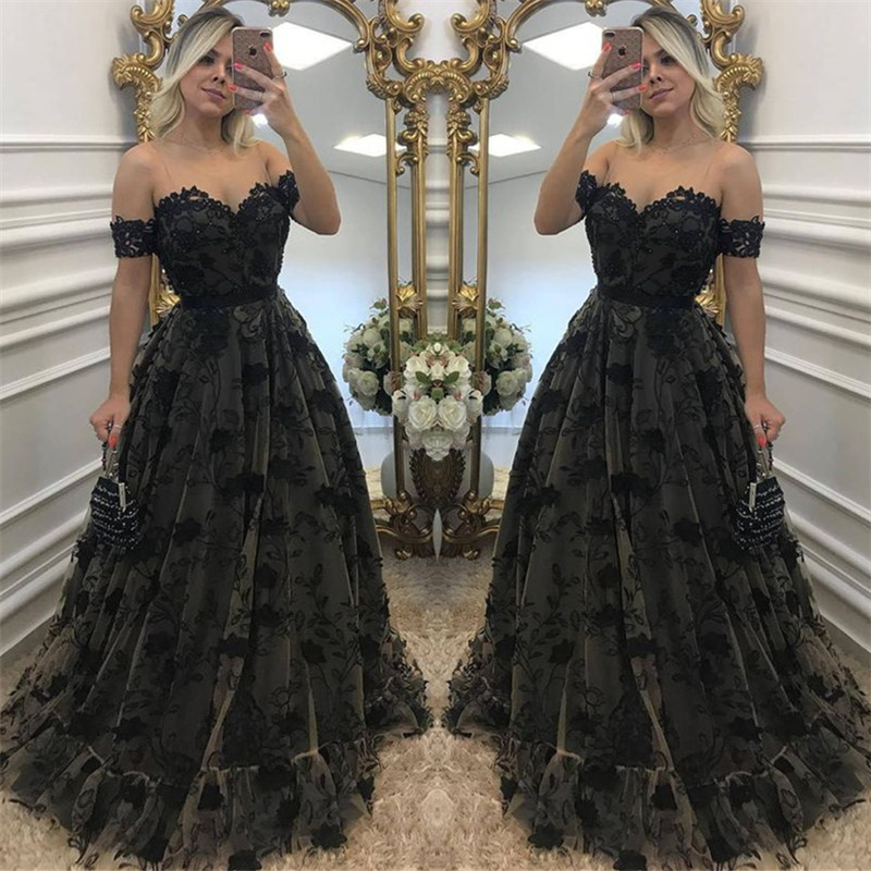 Black A-Line One-Shoulder Tulle Elegant Evening Dresses with Appliques & High Split main image 0