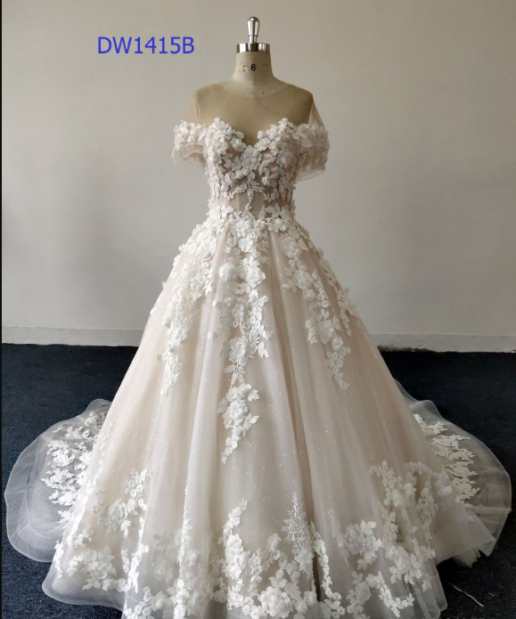 Champagne Sheer Neckline Wedding Dress, 3d Lace Tulle Wedding Gowns ...