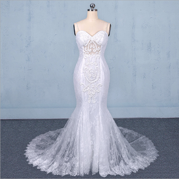 Charming Spaghetti Straps Lace Mermaid Wedding Dress, White Open Back ...