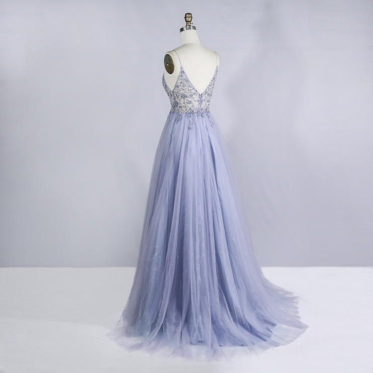 Spaghetti Straps V-neck Beading Tulle Prom Dresses, PD0665